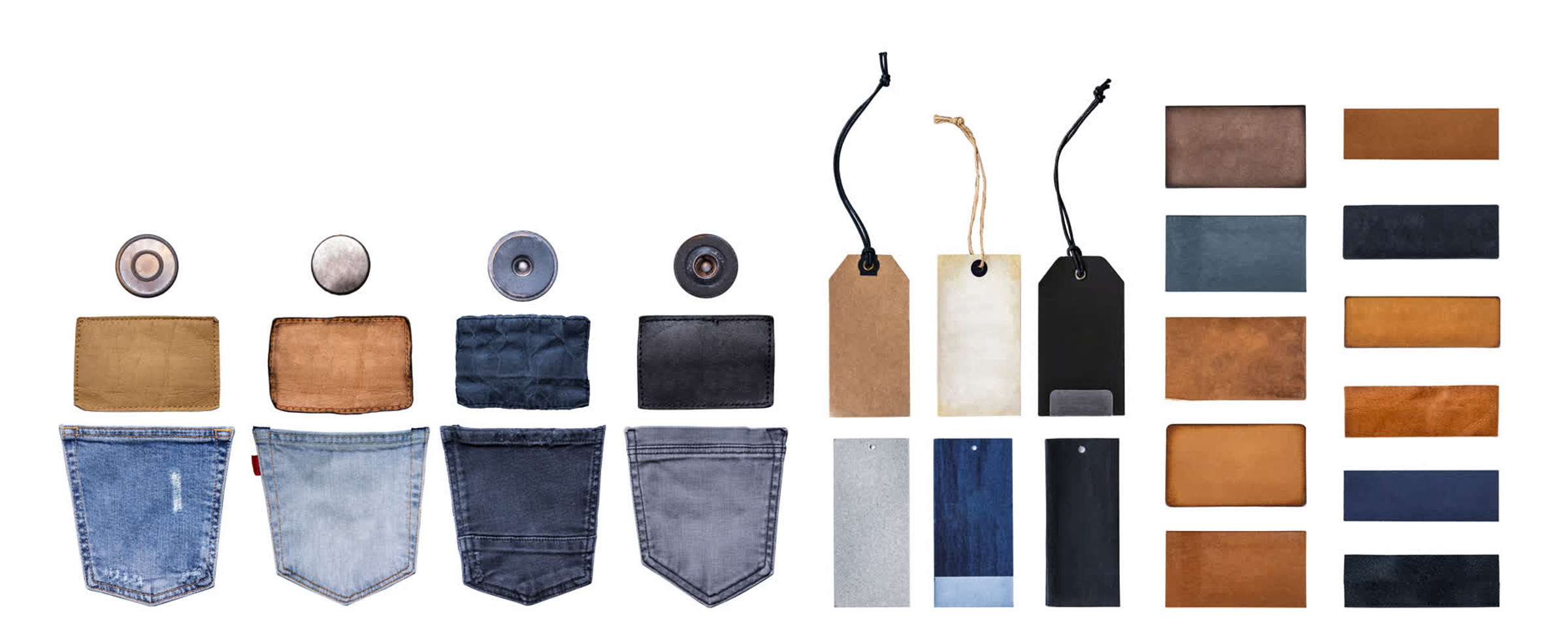 Denim accessories: buttons, leather patches, pockets, hang tags and fabric swatches
