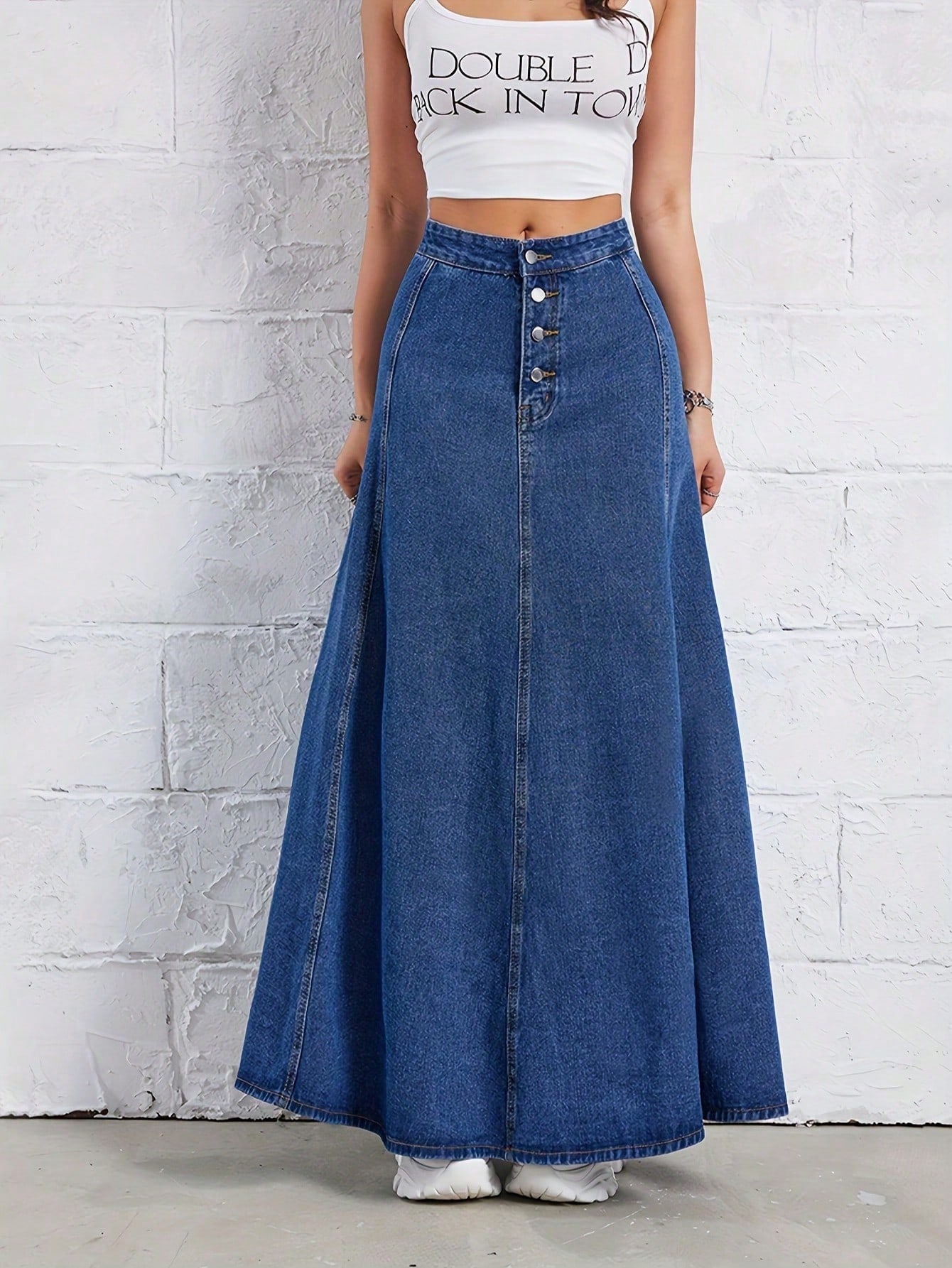 Button-front flared denim maxi skirt